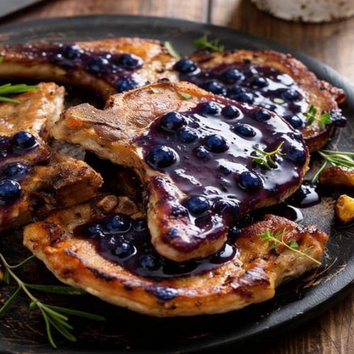 seared porkchops with a drizzle of savory blueberry balsamic sauce