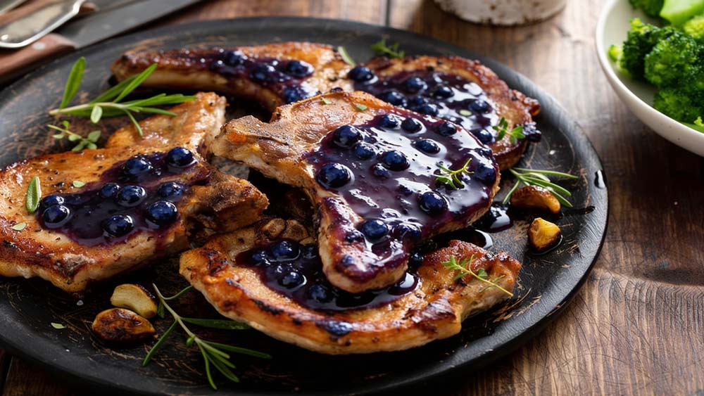 seared porkchops with a drizzle of savory blueberry balsamic sauce